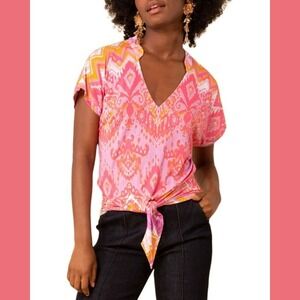 Hale Bob Womens Medium Colorful Bold Ikat Print Tie Front V Neck Top Boho Summer